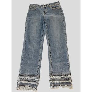 Charlie B Jeans Women 4 Blue Excellent Fringe Hem Tiered Boho Straight Leg Denim